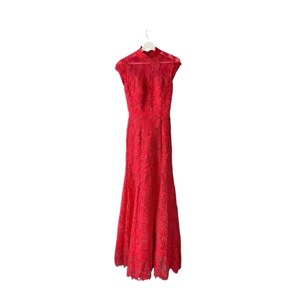 Custom Red Chinese Qipao Cheongsam Wedding Dress Lace Beaded Full Length